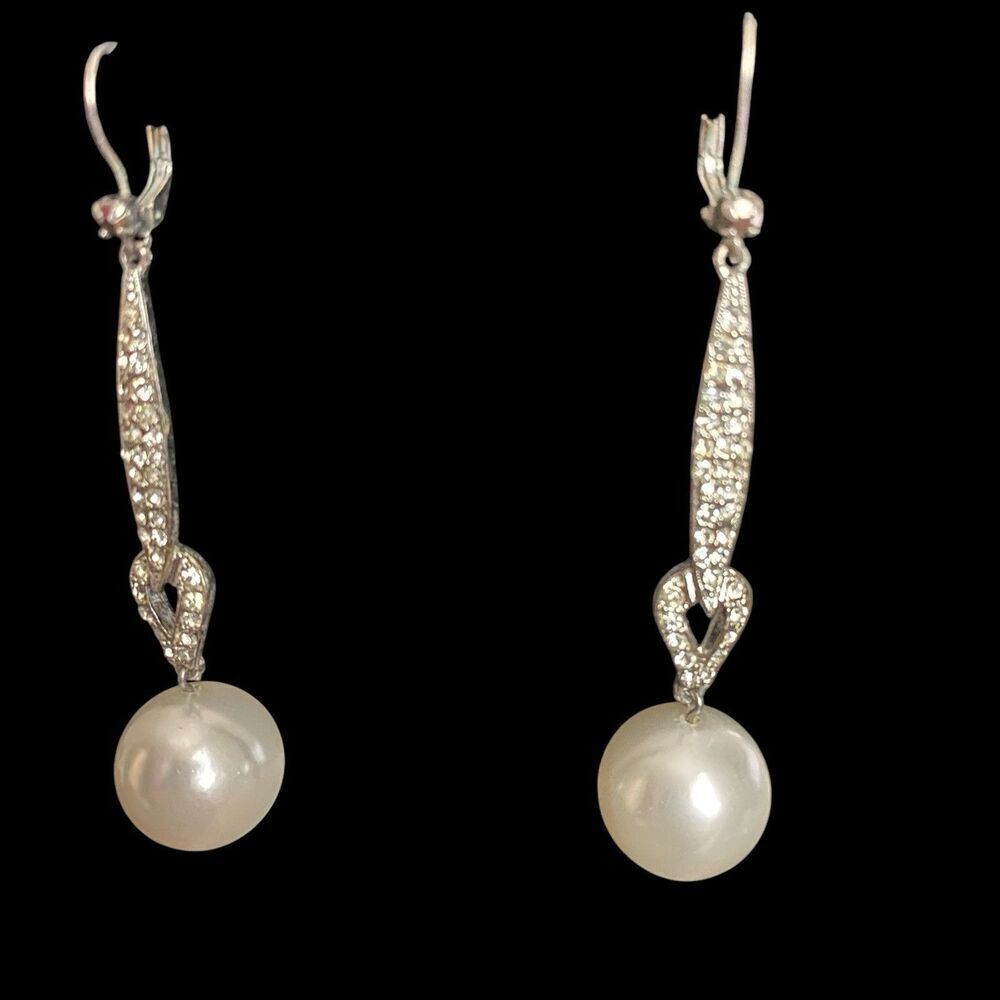 Vintage Earrings Germany Dangle Pierced Simulated Pearl Clear Rhinestones - Picture 2 of 4